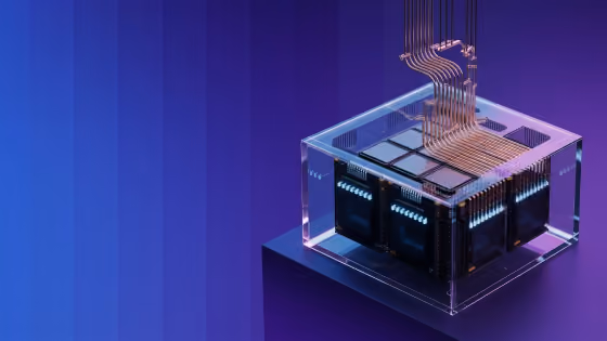 Transparent cube containing a digital processor with connected golden circuits on a purple-blue gradient background.