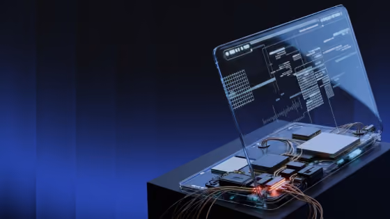 Transparent laptop with holographic circuit data and glowing connections on a dark blue gradient background.