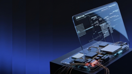 Transparent laptop with holographic circuit data and glowing connections on a dark blue gradient background.