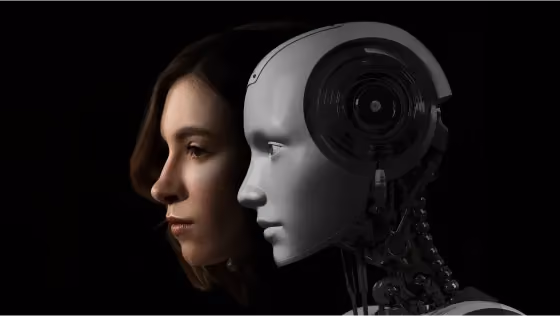 Side profiles of a woman and a humanoid robot against a black background.