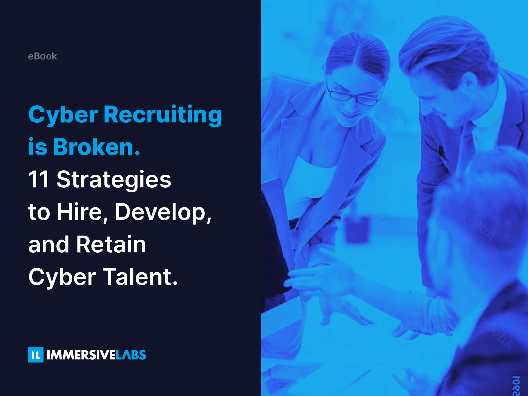 Cover titled 'Cyber Recruiting is Broken' with strategies to hire and retain cyber talent, and people discussing.