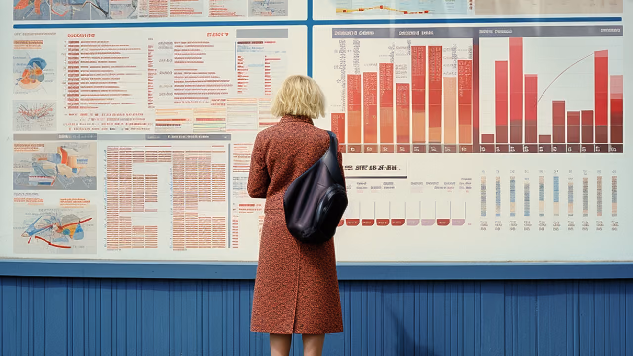 Person in red coat with black bag studies large wall charts with graphs and text.