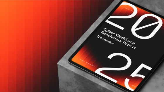 Tablet displaying '2025 Cyber Workforce Benchmark Report' on a grey block with orange gradient background.