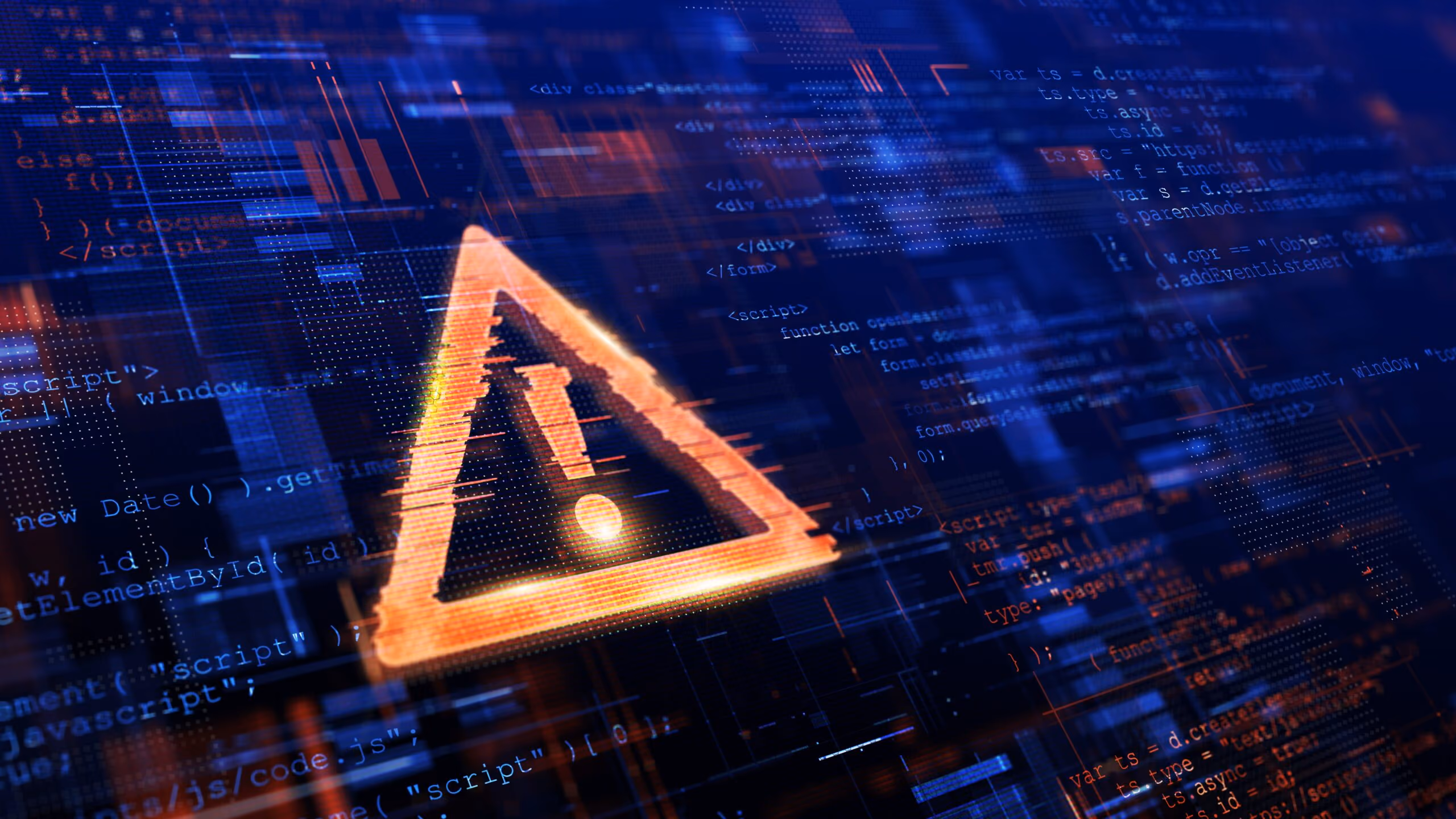Digital screen with glowing orange warning triangle and overlay of computer programming code.