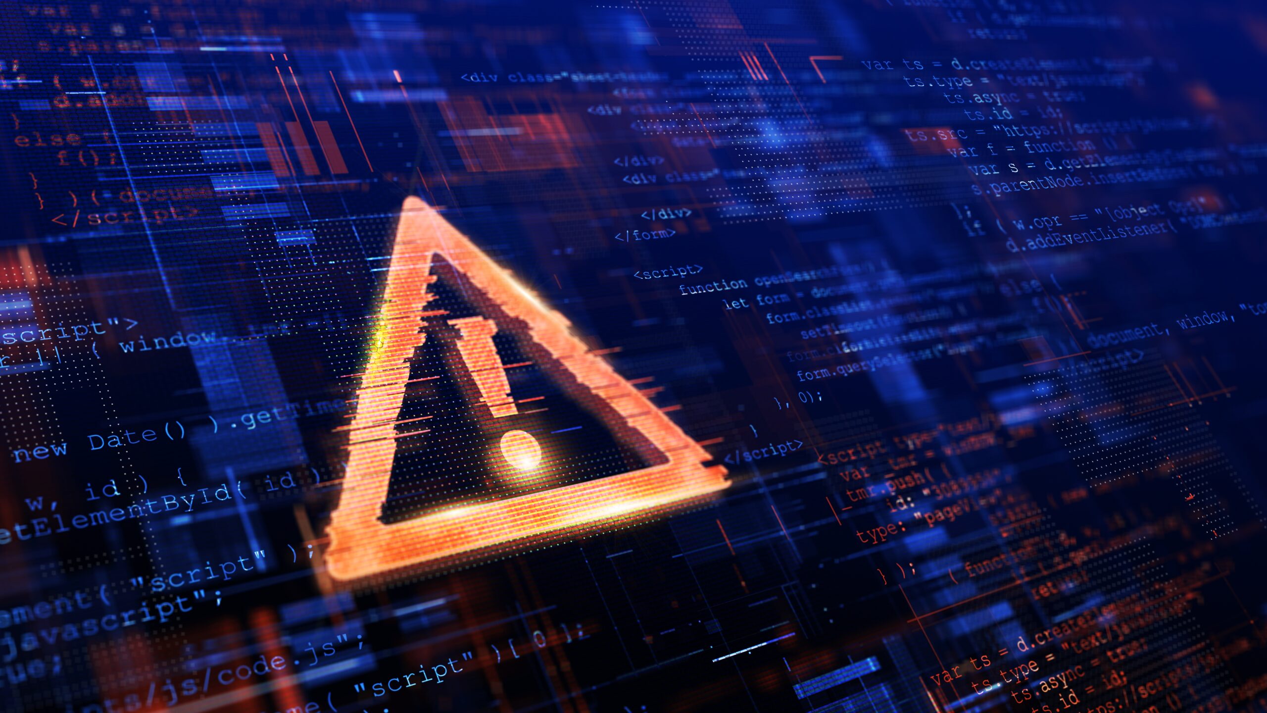 Digital screen with glowing orange warning triangle and overlay of computer programming code.