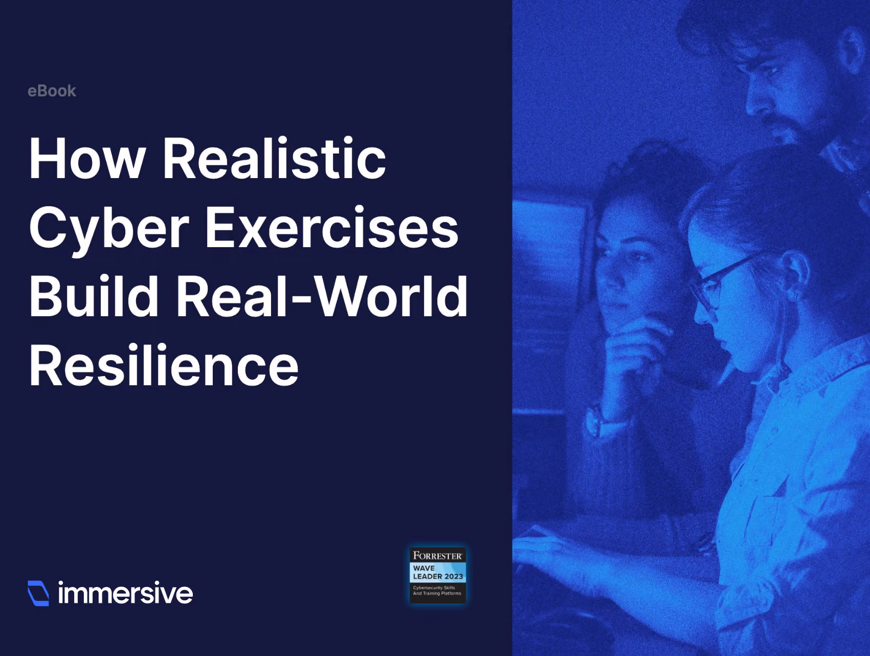 Three focused people working together on a computer in blue lighting, with cyber exercise ebook title.
