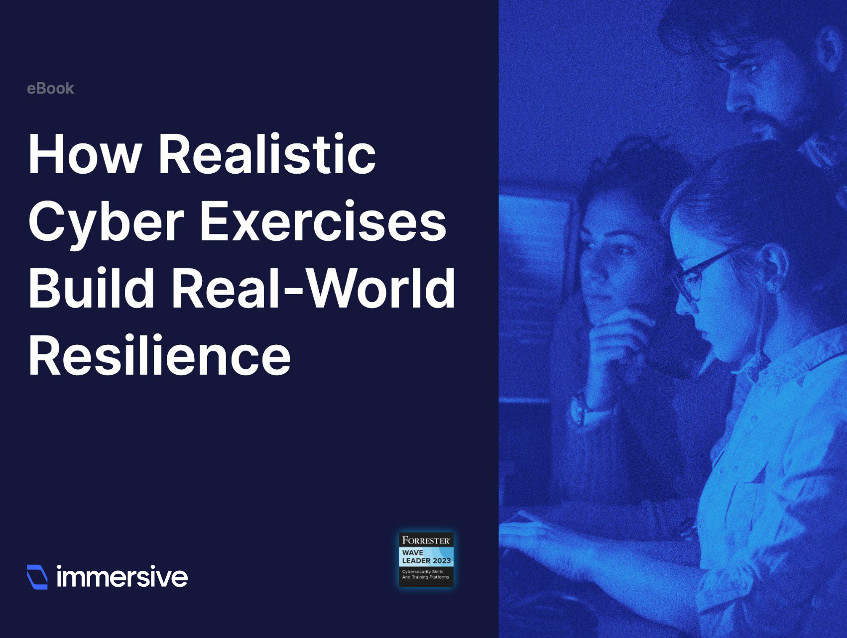 Three focused people working together on a computer in blue lighting, with cyber exercise ebook title.