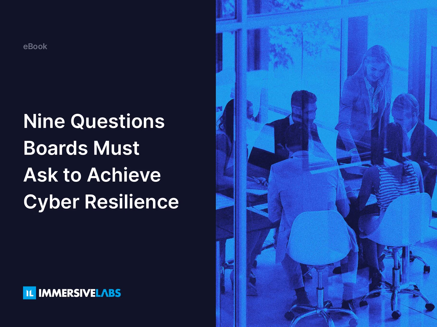 Cover page titled 'Nine Questions Boards Must Ask to Achieve Cyber Resilience' with a team meeting background.