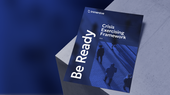 Brochure titled 'Be Ready Crisis Exercising Framework' with shadowed people walking on steps.