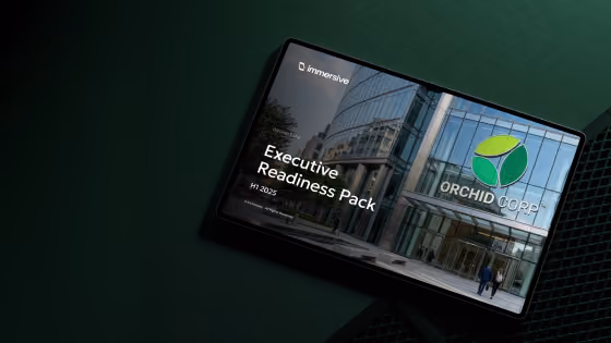 Tablet displaying 'Executive Readiness Pack H1 2025' with Orchid Corp building and logo.