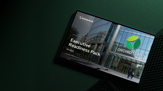 Tablet displaying 'Executive Readiness Pack H1 2025' with Orchid Corp building and logo.