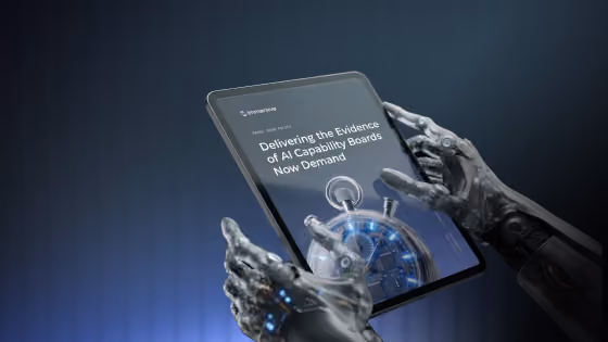 Robot hands holding tablet displaying text about delivering AI capability evidence for boards.