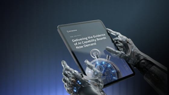 Robot hands holding tablet displaying text about delivering AI capability evidence for boards.