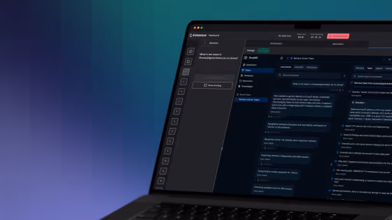 Open laptop showing a dark-themed interface of a chatbot or AI conversation log on screen.