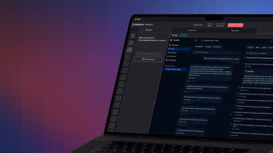 Laptop screen showing a dark-themed software interface with conversation management features.