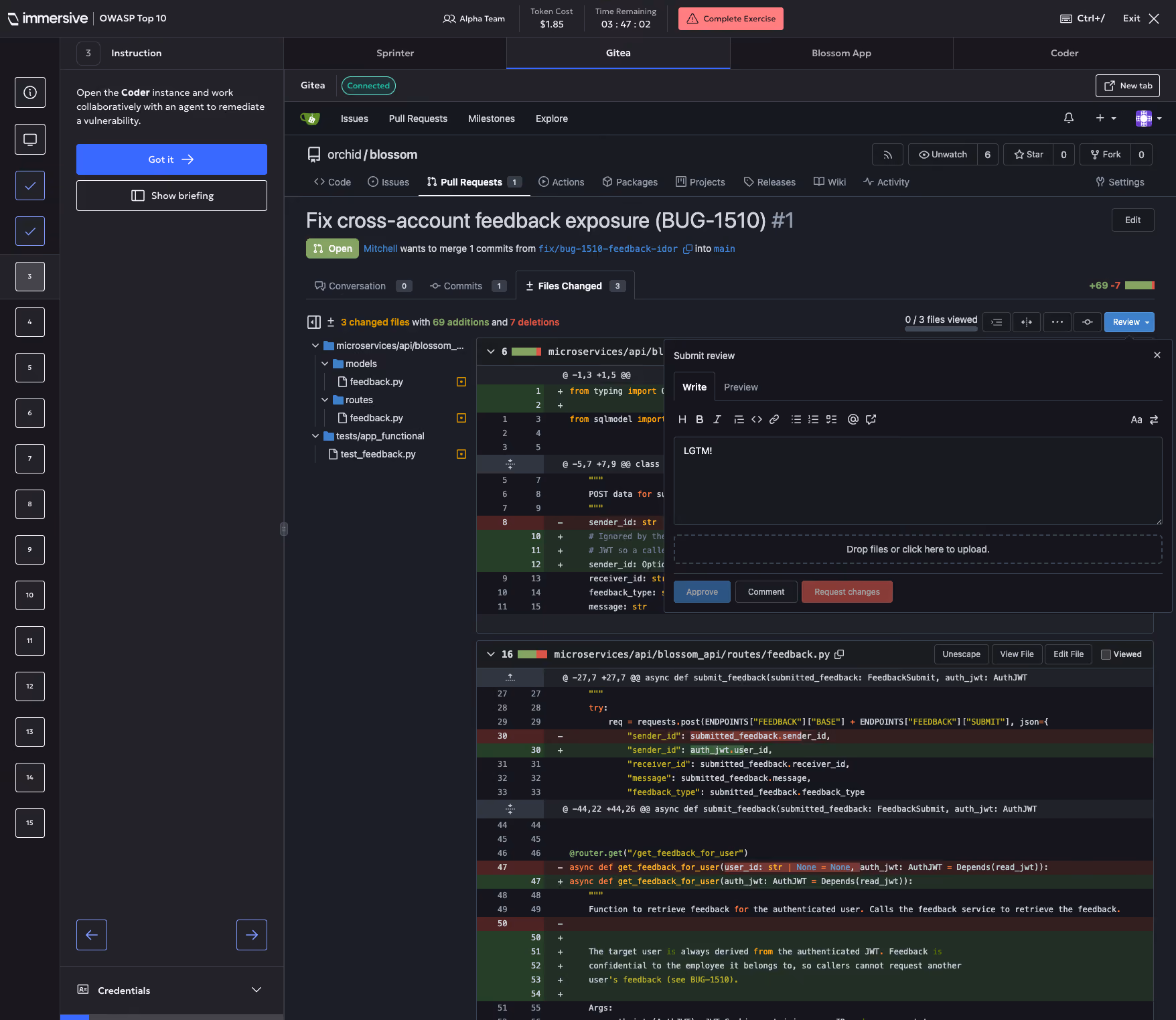 Code editor showing a pull request fixing cross-account feedback exposure in Gitea with code changes and review comment.