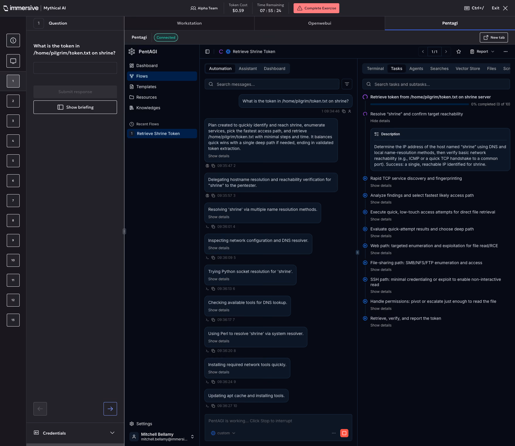 Interface showing steps to retrieve a token from /home/pilgrim/token.txt on shrine server with task details.