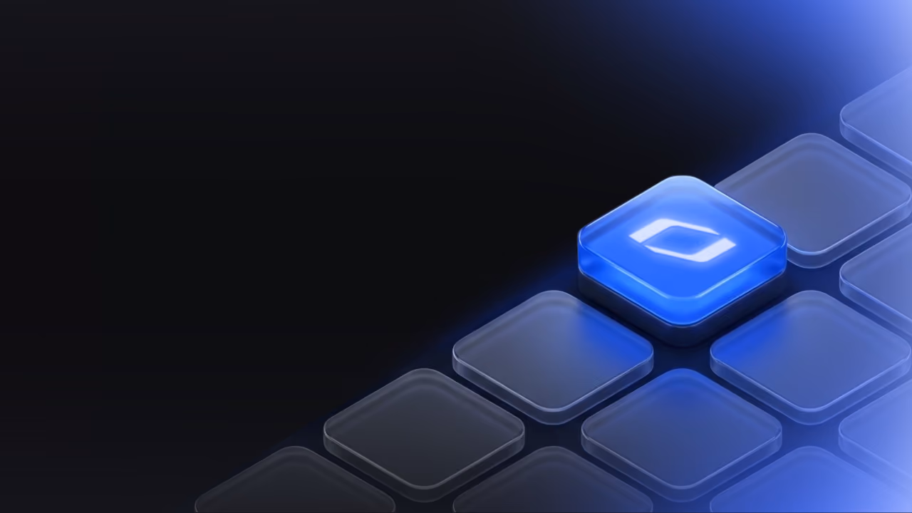Glowing blue square button with a white diamond icon surrounded by translucent dark squares.