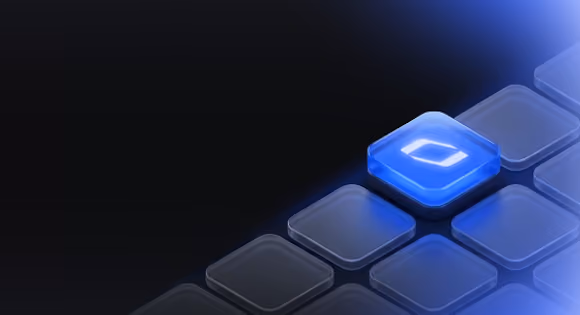 3D translucent blue square button with a white diamond icon glowing among transparent squares on dark background.