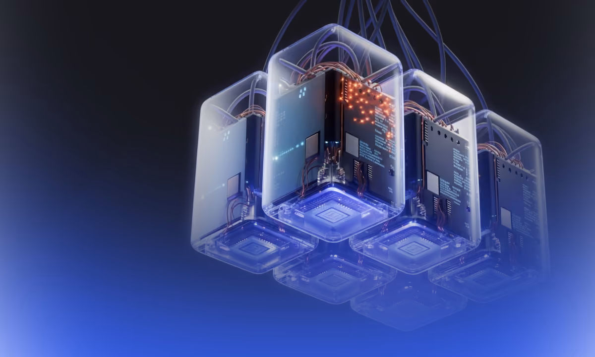 Six translucent cubes with circuit boards and glowing lights connected by wires on a dark blue background.