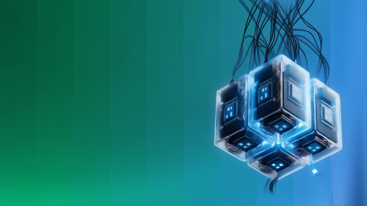 Glowing transparent cube with computer chips and wires on a green to blue gradient background.