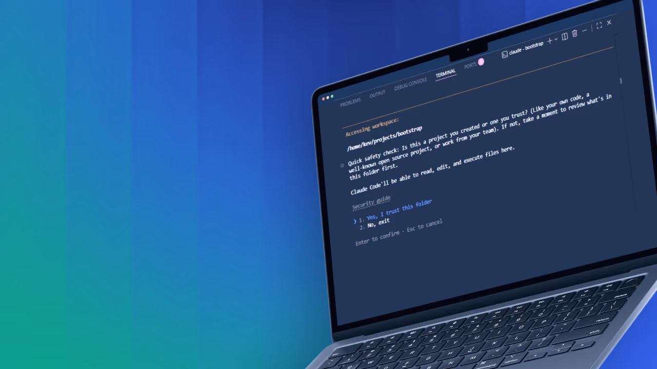 Laptop screen displaying a terminal asking to trust the folder /home/kev/projects/bootstrap with safety check options.