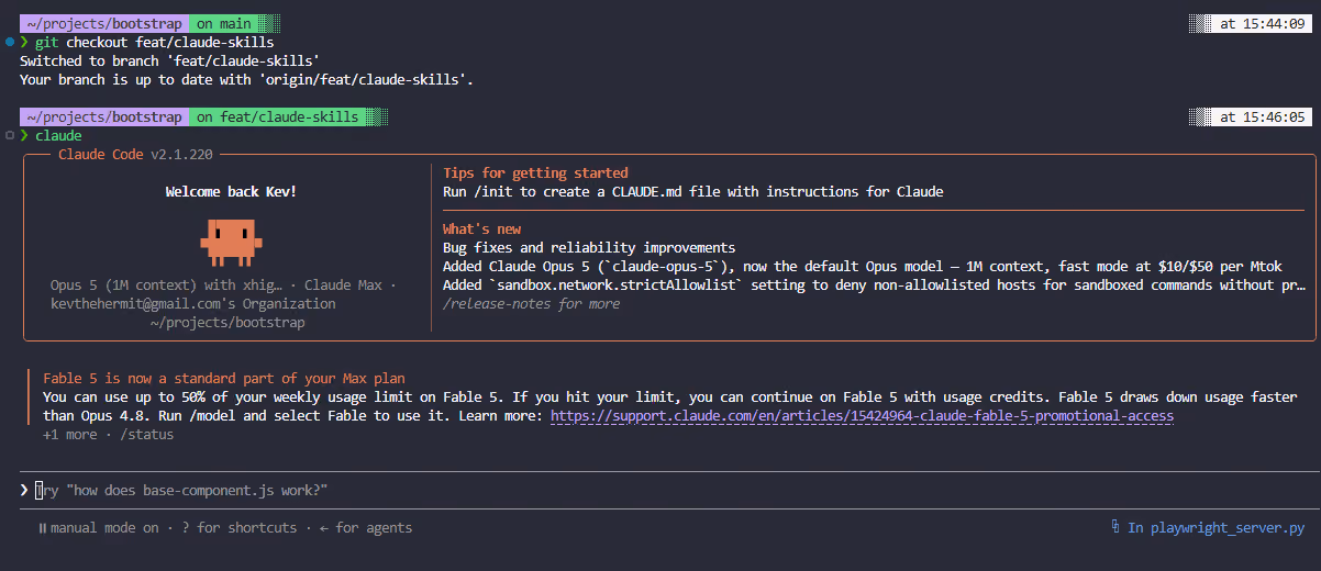 Terminal showing git checkout to branch feat/claude-skills and Claude chatbot welcome message with usage info and tips.