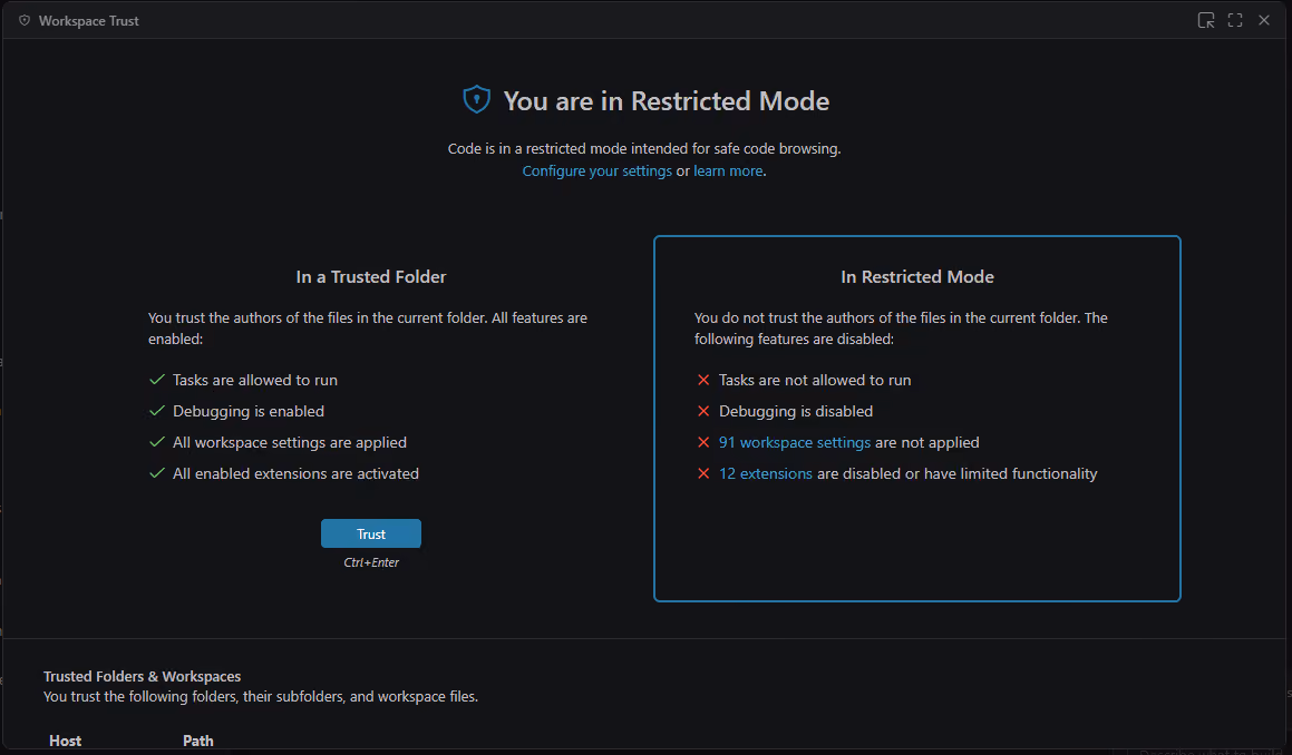 Workspace Trust dialog showing Restricted Mode with disabled tasks, debugging, and limited workspace settings.