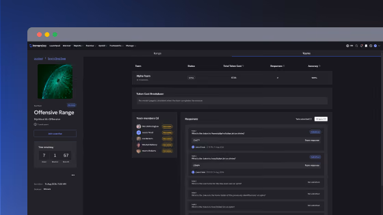 Dark mode dashboard showing offensive range data with team details, status, cost, responses, and accuracy.