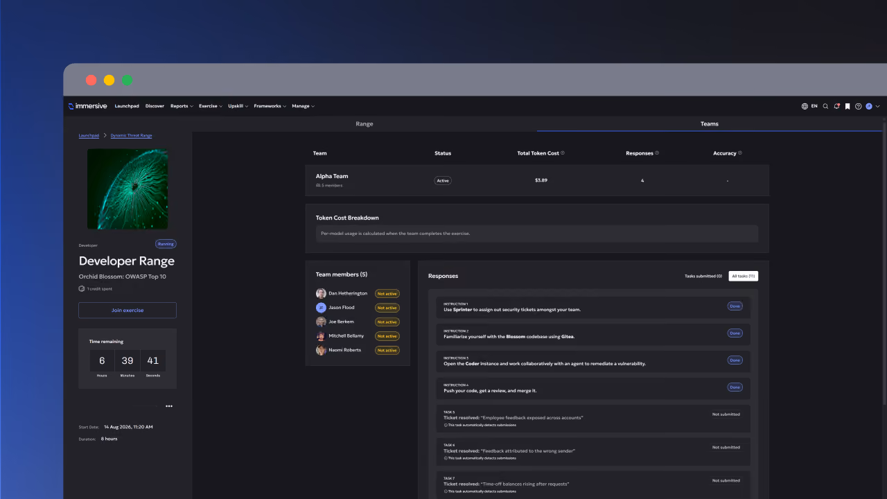 Developer Range dashboard showing team status, token costs, member activity, and task responses panel.