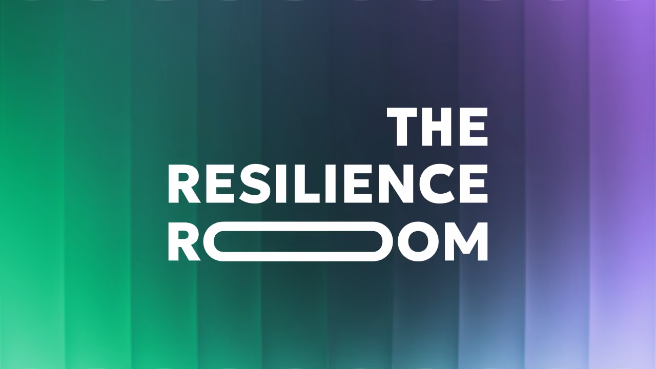 Text reading THE RESILIENCE ROOM on a vertical gradient background from green to purple.