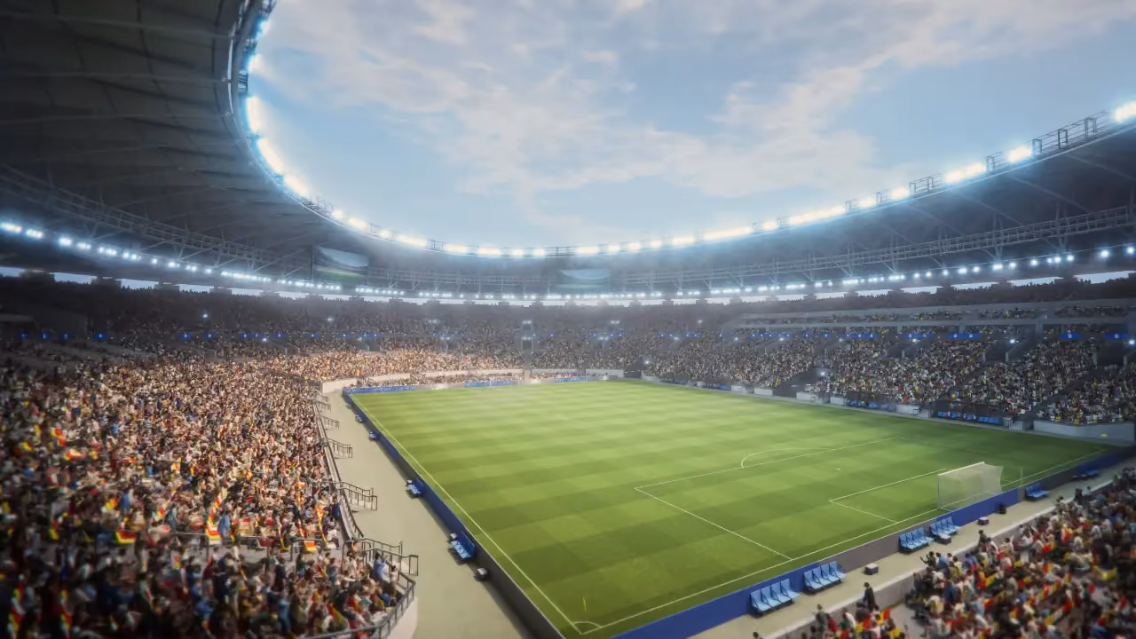 Full stadium with thousands of spectators around a well-lit soccer field under a cloudy sky.
