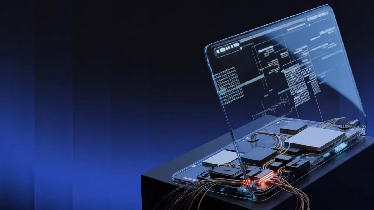 Transparent laptop showing internal circuits and glowing components on a dark blue background.