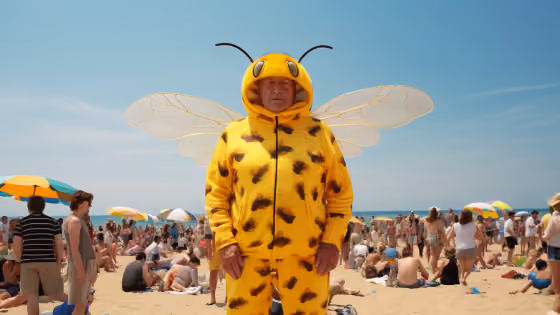 Person in a yellow bumblebee costume standing on a crowded beach with umbrellas and blue sky.