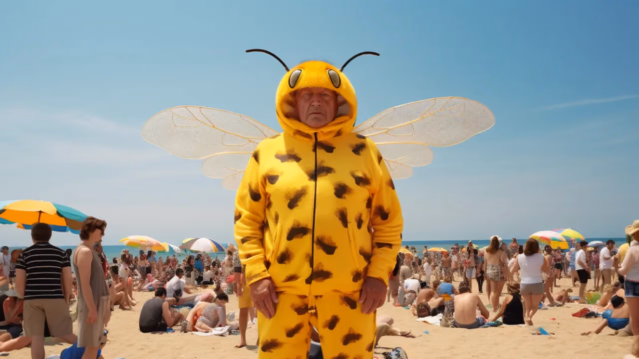 Person in a yellow bee costume with wings and antennae standing on a crowded sandy beach.