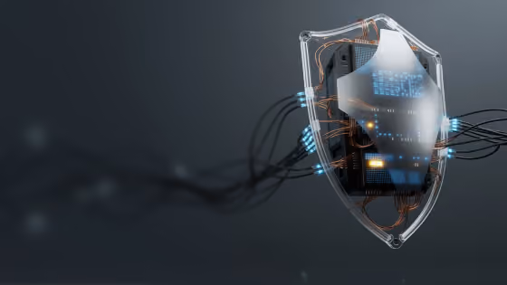 Transparent shield with integrated circuit and glowing electronic components connected by black wires, symbolizing digital security or cybersecurity protection.