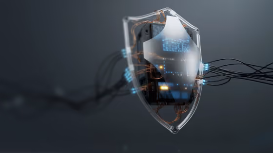 Transparent shield encasing a circuit board with glowing blue data lines and connected black cables, representing digital security and cybersecurity protection.