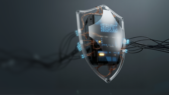 Transparent shield encasing a circuit board with glowing blue data lines and connected black cables, representing digital security and cybersecurity protection.