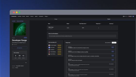 Screenshot of a Developer Range team management interface showing team details, status, total tokens used, response accuracy, team members list with roles, and a chat section for responses and comments.