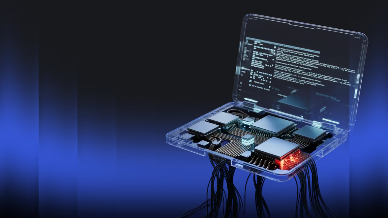 Transparent laptop with its internal circuit board and chips visible, connected by multiple black cables, set against a dark background with a blue horizontal light streak.