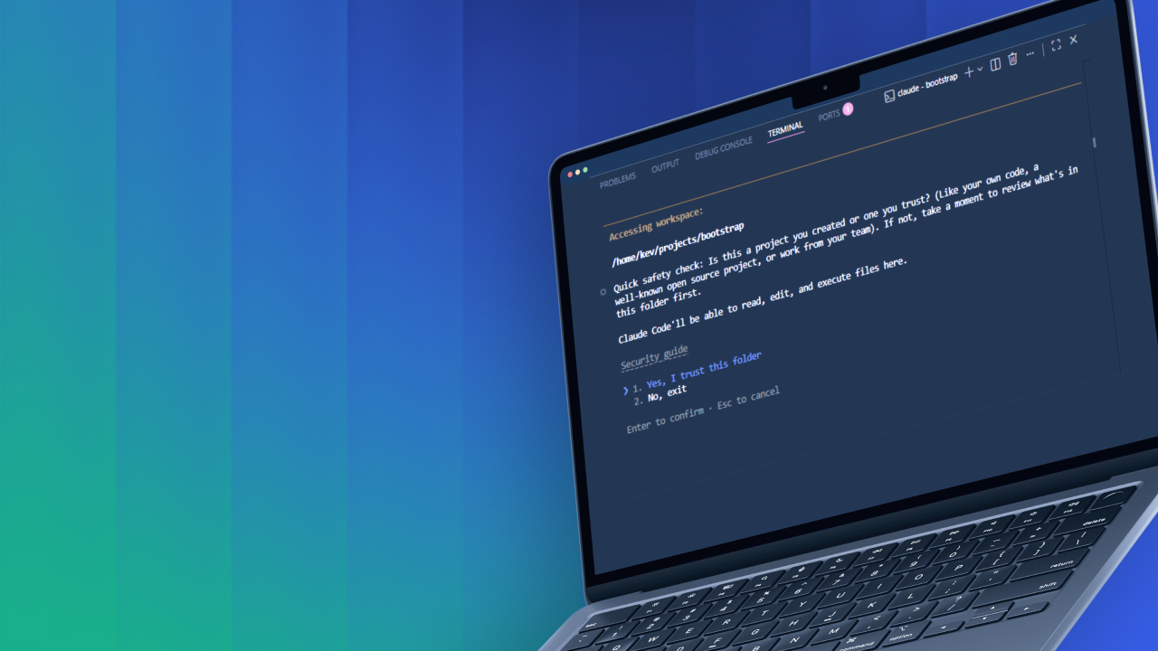 Laptop screen displaying a terminal asking to trust the folder /home/kev/projects/bootstrap with safety check options.