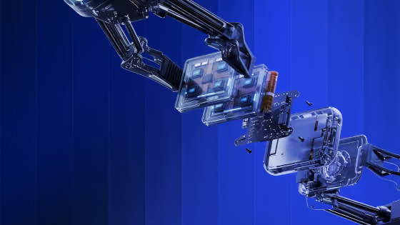 Robotic arms assembling a transparent futuristic device with circuit boards against a blue gradient background.