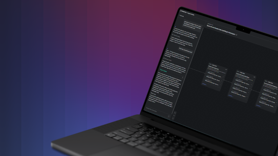 Open laptop displaying a dark-themed interface with nodes and text on a gradient blue and purple background.