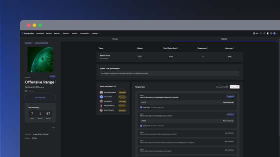 Dark mode dashboard showing offensive range data with team details, status, cost, responses, and accuracy.