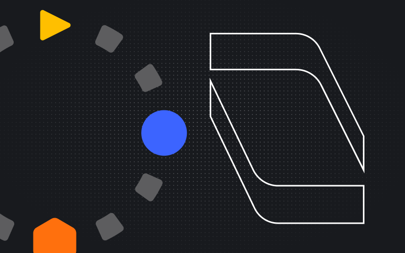 Abstract design with a blue circle surrounded by gray squares and yellow and orange shapes on dark grid background.