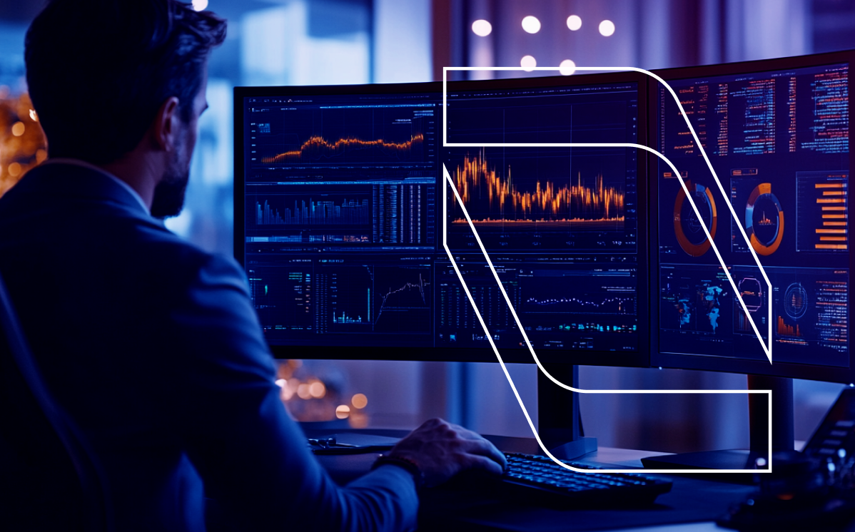 Man in business attire viewing multiple screens showing financial data and graphs in dim office.