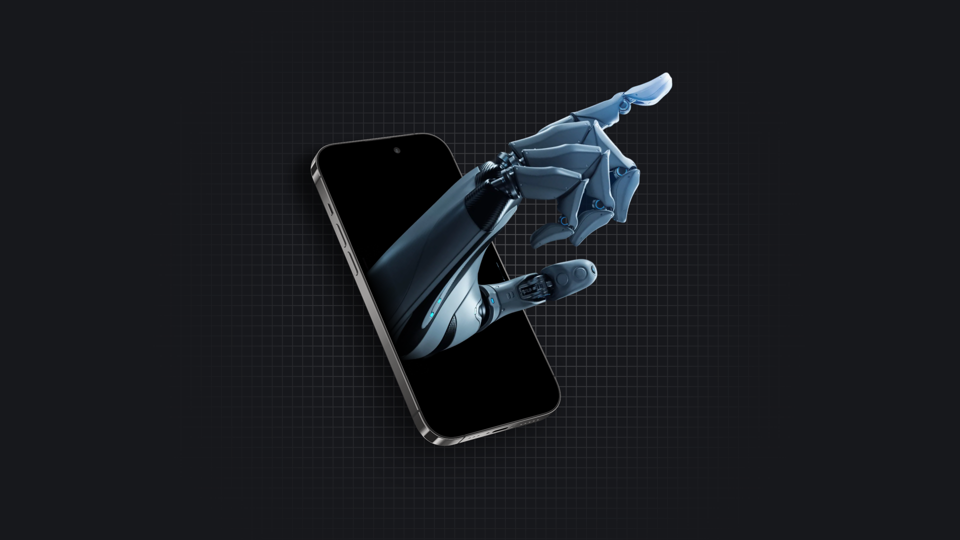 Futuristic robotic hand pointing upward emerging from a smartphone screen on a dark grid background.
