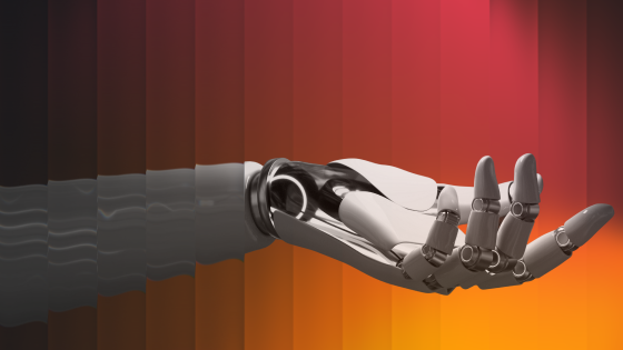 Metallic robotic hand with articulated fingers reaching out against a red to orange gradient background.