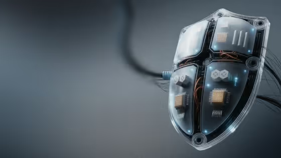 Transparent electronic shield with visible circuits and connected cables.