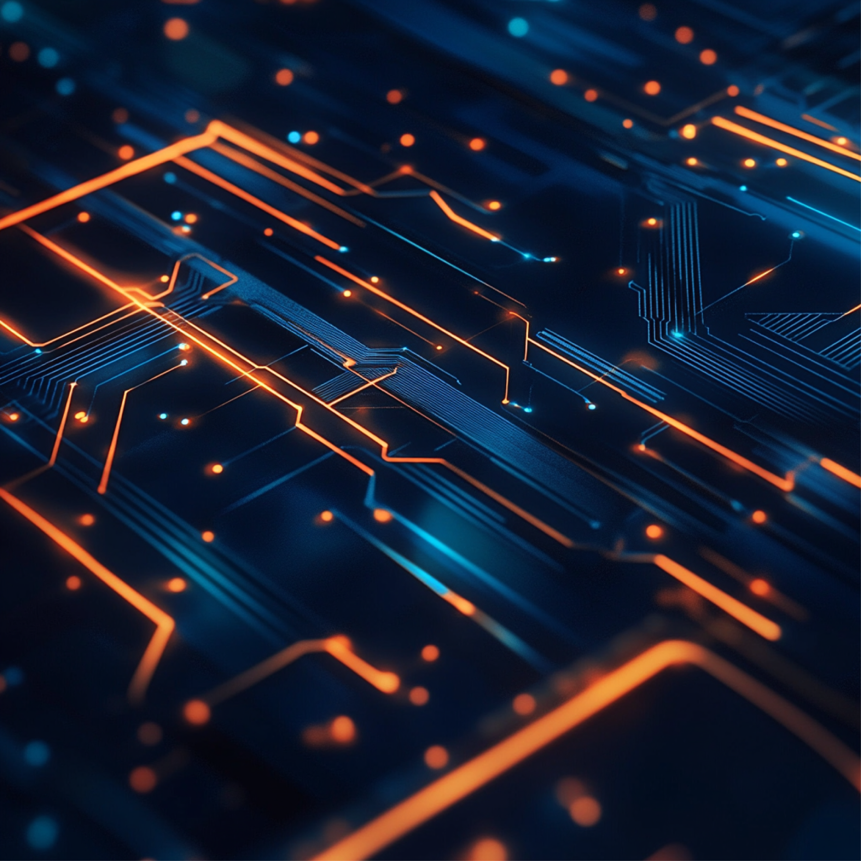 Close-up of dark circuit board with glowing orange and blue lines and dots representing electrical connections.